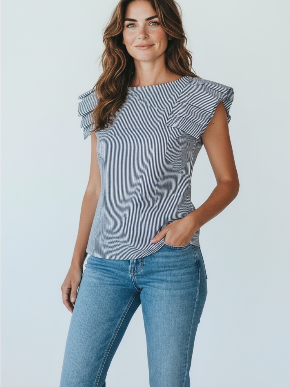 Ted Baker Navy and White Striped Ruffle Shoulder Top
